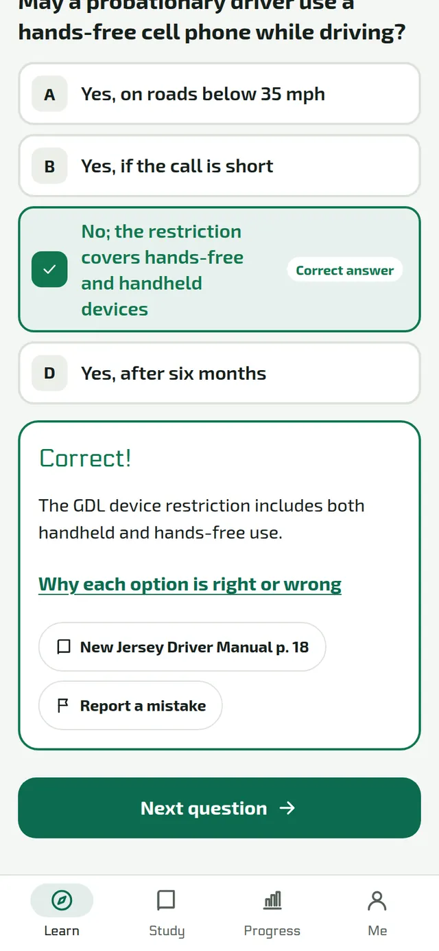 Una pregunta de práctica respondida correctamente, con la explicación y la cita: manual de Nueva Jersey, página 18.