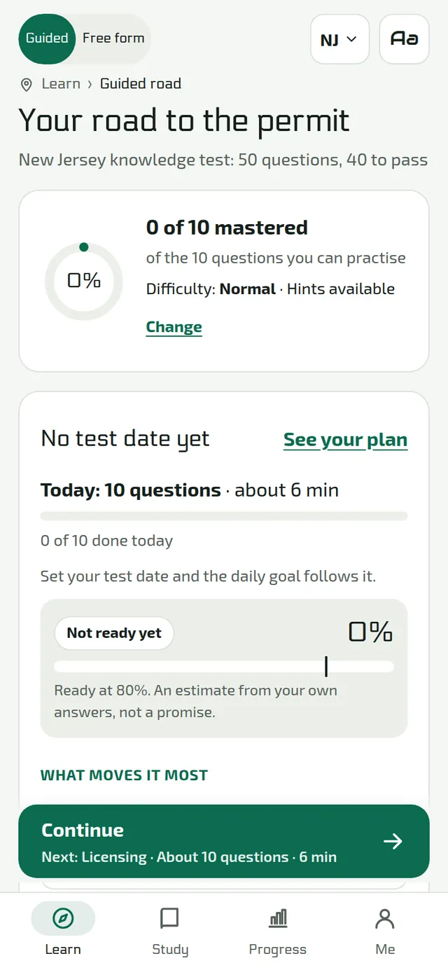 El plan de estudio en un teléfono: las preguntas de hoy y una estimación de preparación a partir de sus respuestas.